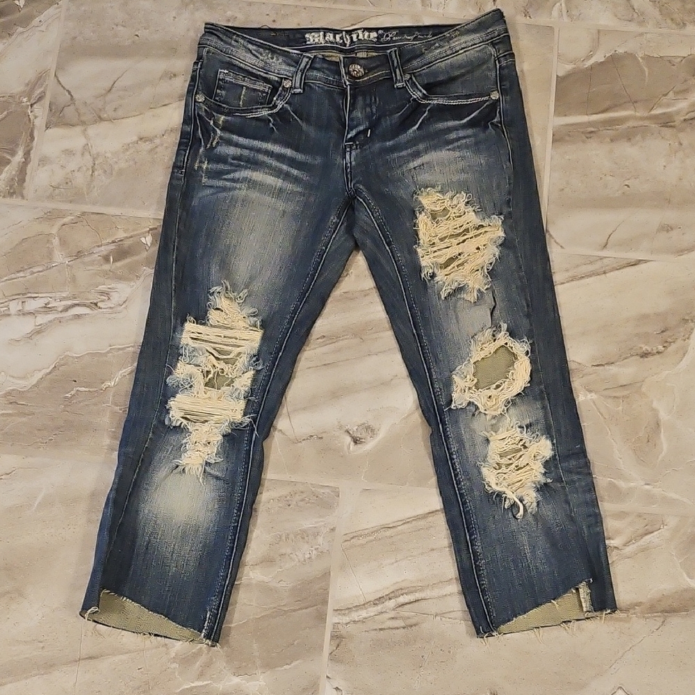 Machine Women’s Low Rise Distressed Cropped Jeans - Dark Blue